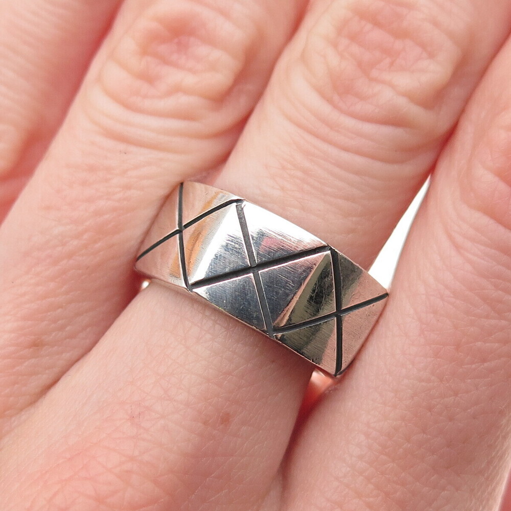 925 Sterling Silver Vintage Mexico X-Shape Oxidized Band Ring Size 7.5